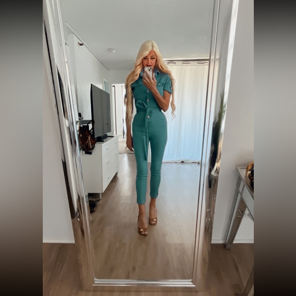 2 Haute Monde Blue Jumpsuits with Tie Waist and Tapered Legs - Picture 4 of 13